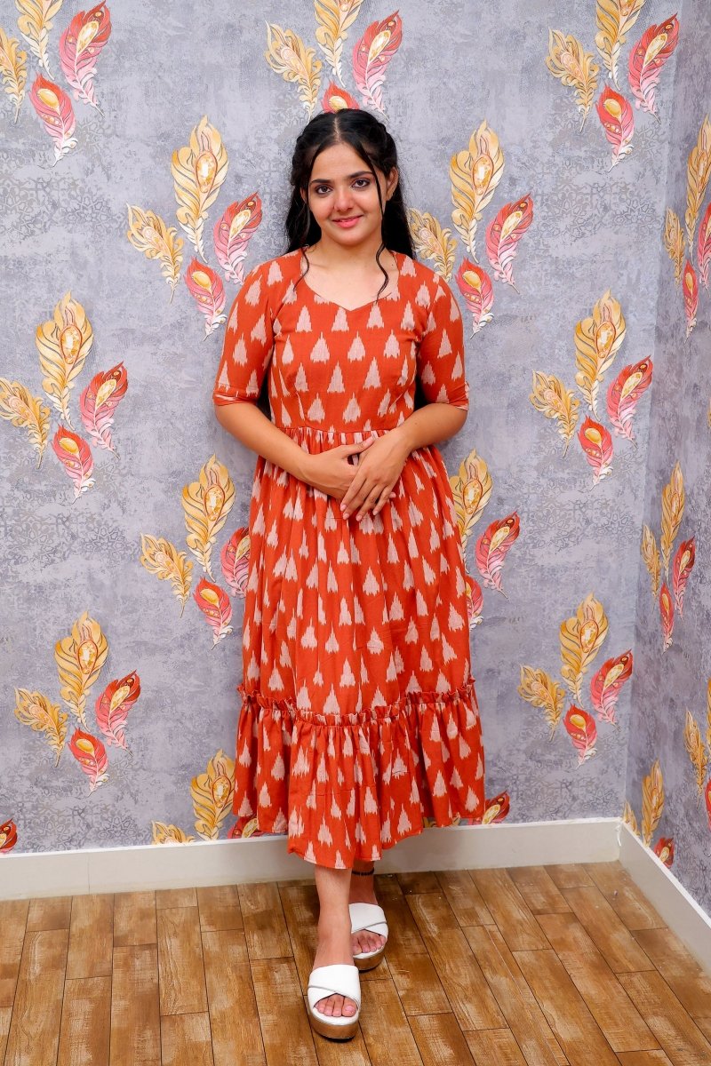 Brown V-Neck, Tiered Midi Dress With A White Print Frock For Women & Girls - Aira Fabrics Designer Studio