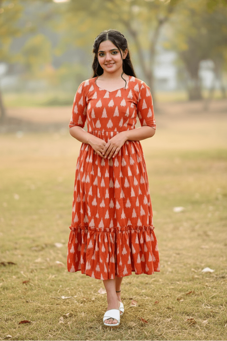 Brown V-Neck, Tiered Midi Dress With A White Print Frock For Women & Girls - Aira Fabrics Designer Studio