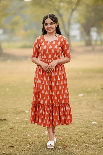 Brown V-Neck, Tiered Midi Dress With A White Print Frock For Women & Girls - Aira Fabrics Designer Studio