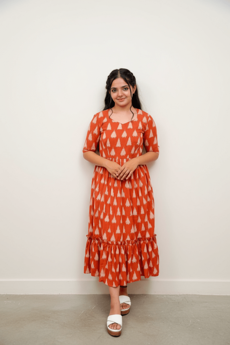 Brown V-Neck, Tiered Midi Dress With A White Print Frock For Women & Girls - Aira Fabrics Designer Studio