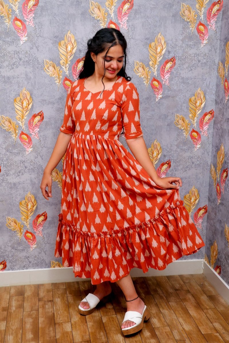 Brown V-Neck, Tiered Midi Dress With A White Print Frock For Women & Girls - Aira Fabrics Designer Studio