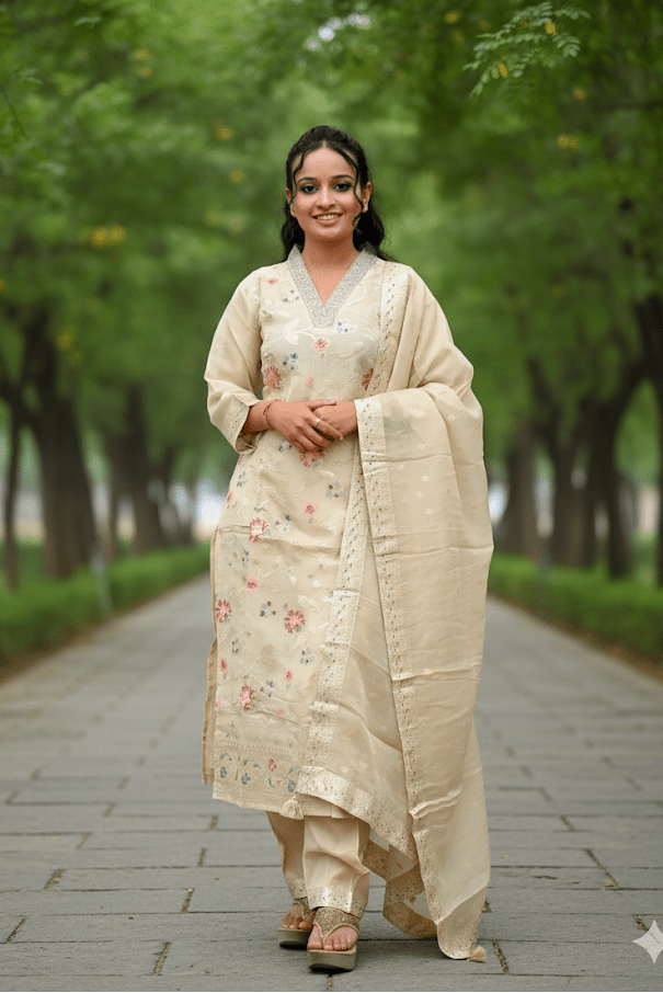 Cream Banarasi Tissue Kurti For Women & Girls - Aira Fabrics Designer Studio