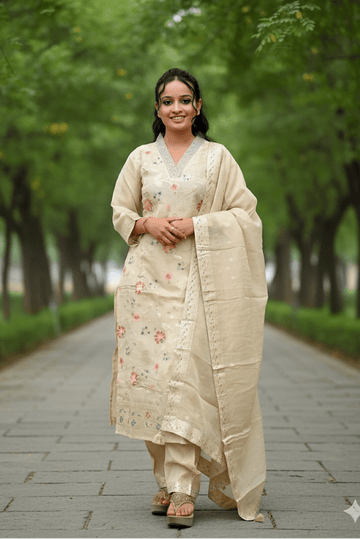 Cream Banarasi Tissue Kurti For Women & Girls - Aira Fabrics Designer Studio