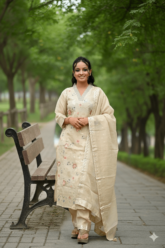 Cream Banarasi Tissue Kurti For Women & Girls - Aira Fabrics Designer Studio
