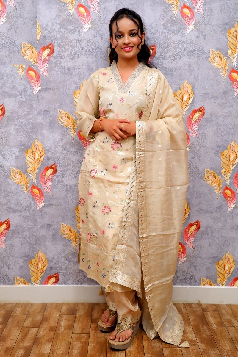 Cream Banarasi Tissue Kurti For Women & Girls - Aira Fabrics Designer Studio