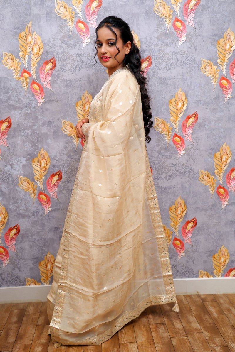Cream Banarasi Tissue Kurti For Women & Girls - Aira Fabrics Designer Studio
