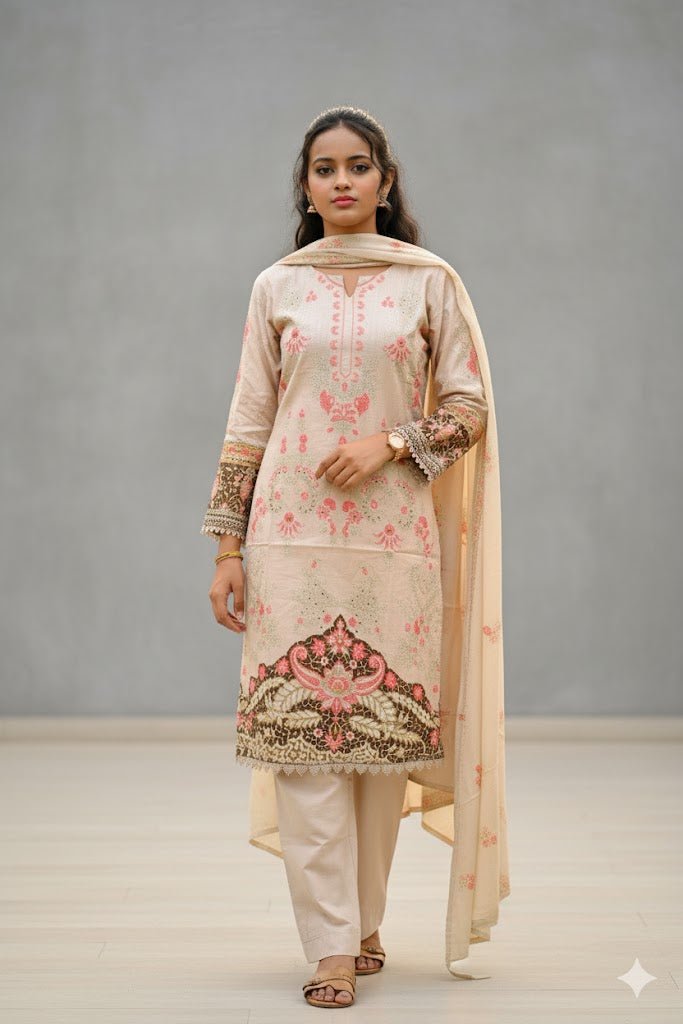 Cream Kurti With Floral Design For Women & Girls - Aira Fabrics Designer Studio