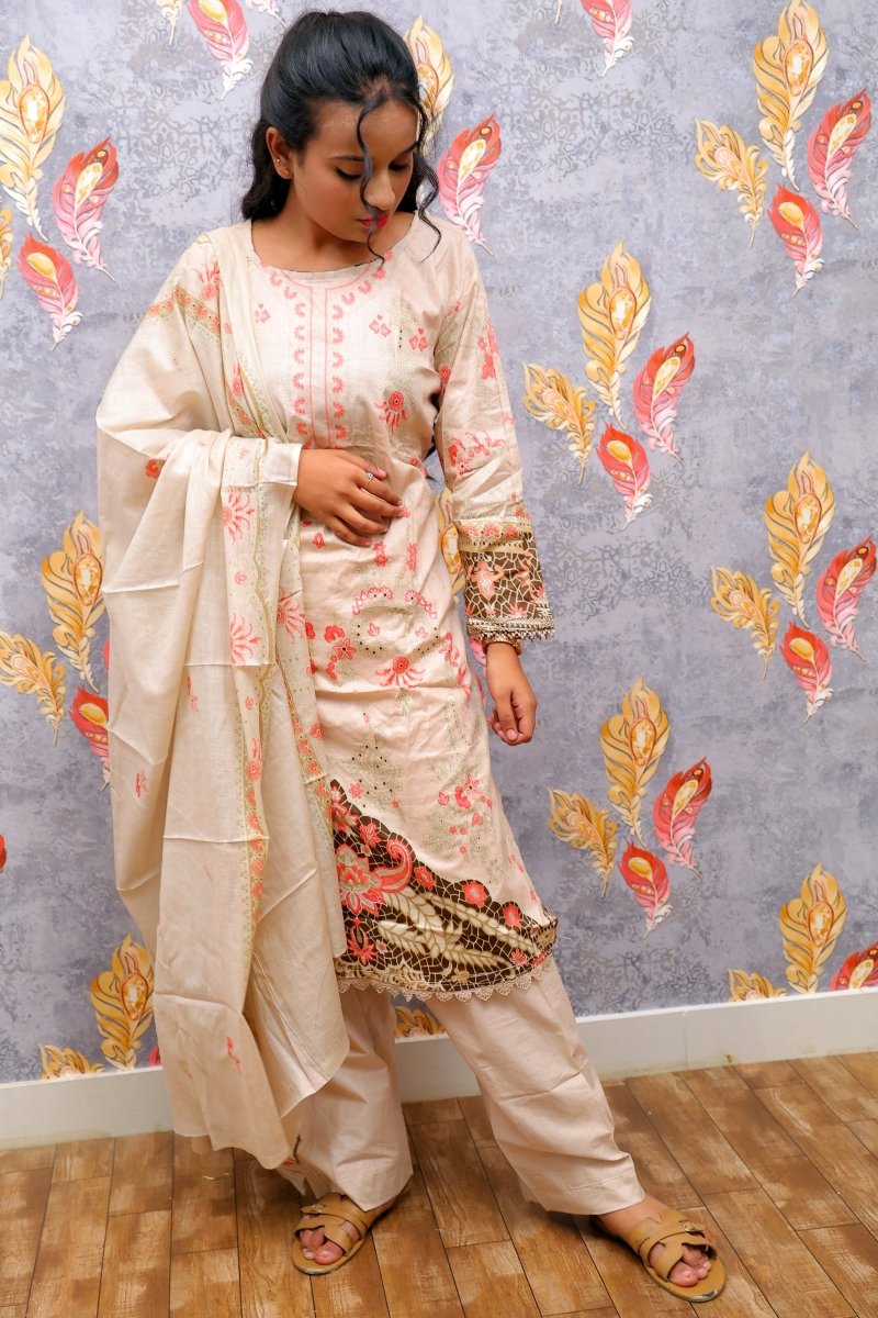 Cream Kurti With Floral Design For Women & Girls - Aira Fabrics Designer Studio