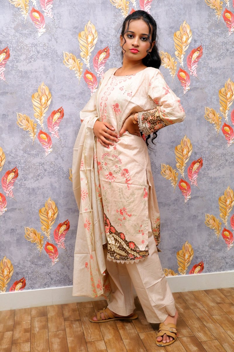 Cream Kurti With Floral Design For Women & Girls - Aira Fabrics Designer Studio