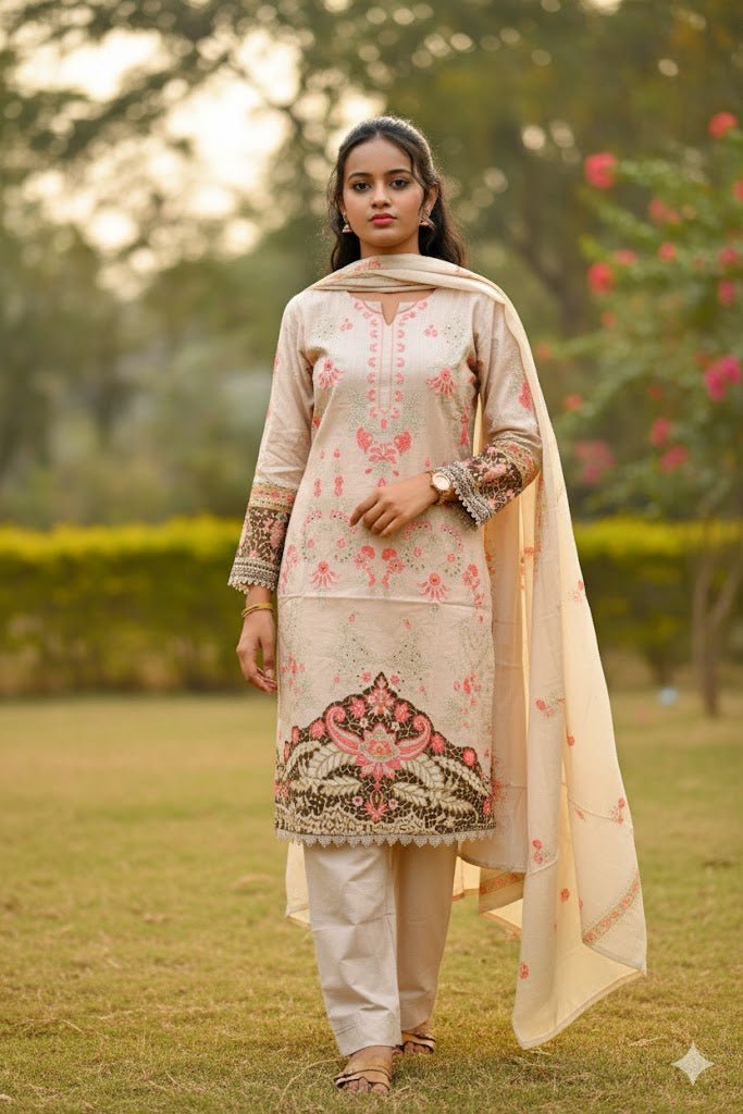 Cream Kurti With Floral Design For Women & Girls - Aira Fabrics Designer Studio