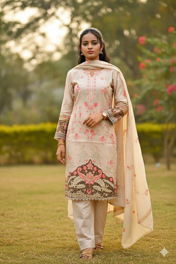 Cream Kurti With Floral Design For Women & Girls - Aira Fabrics Designer Studio