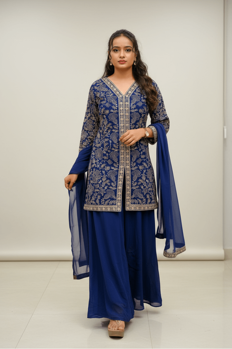 Dark Blue Crop Top With Silver And Gold Embroidered Design For Women & Girls - Aira Fabrics Designer Studio