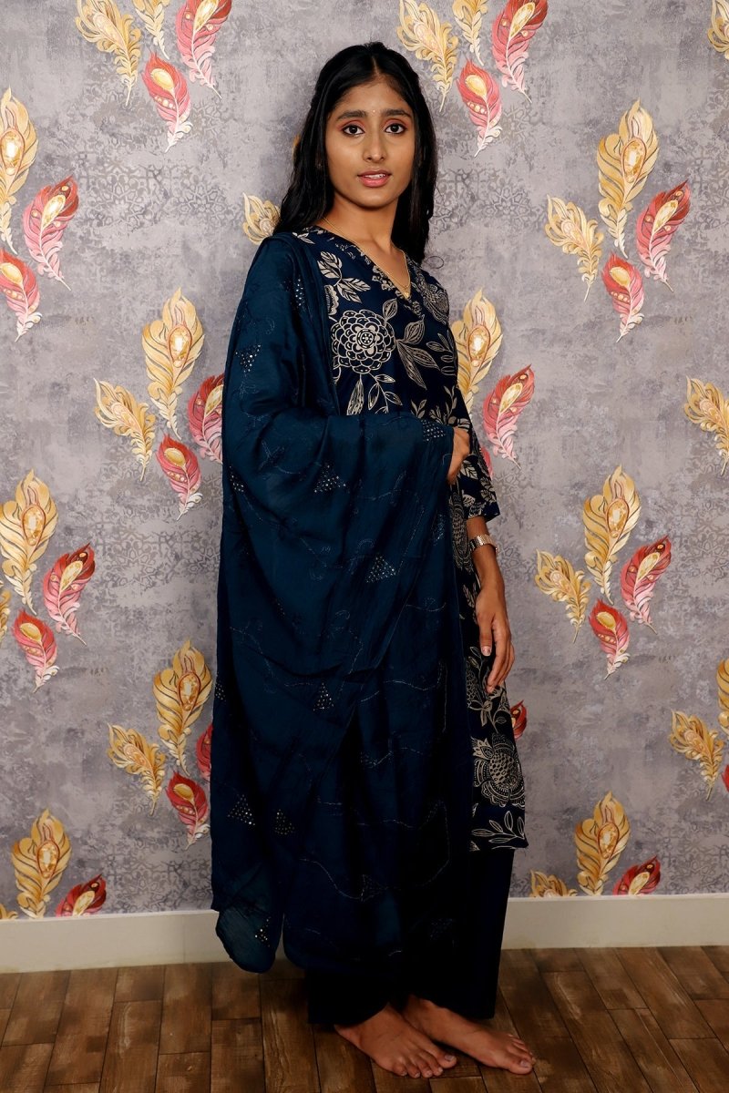 Dark Blue Kurti With Digital Floral Print For Women & Girls - Aira Fabrics Designer Studio