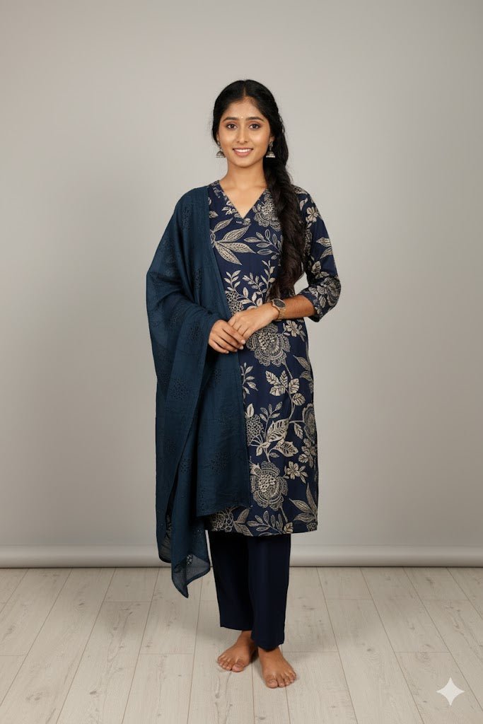 Dark Blue Kurti With Digital Floral Print For Women & Girls - Aira Fabrics Designer Studio