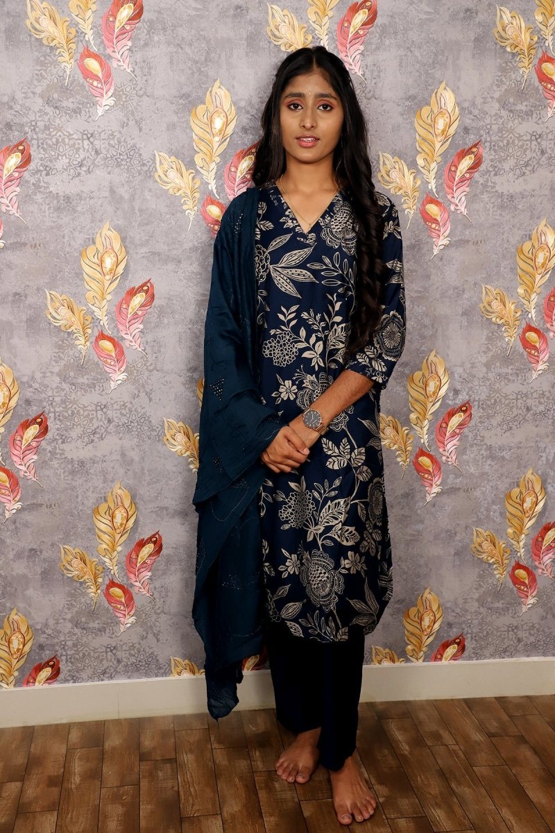 Dark Blue Kurti With Digital Floral Print For Women & Girls - Aira Fabrics Designer Studio