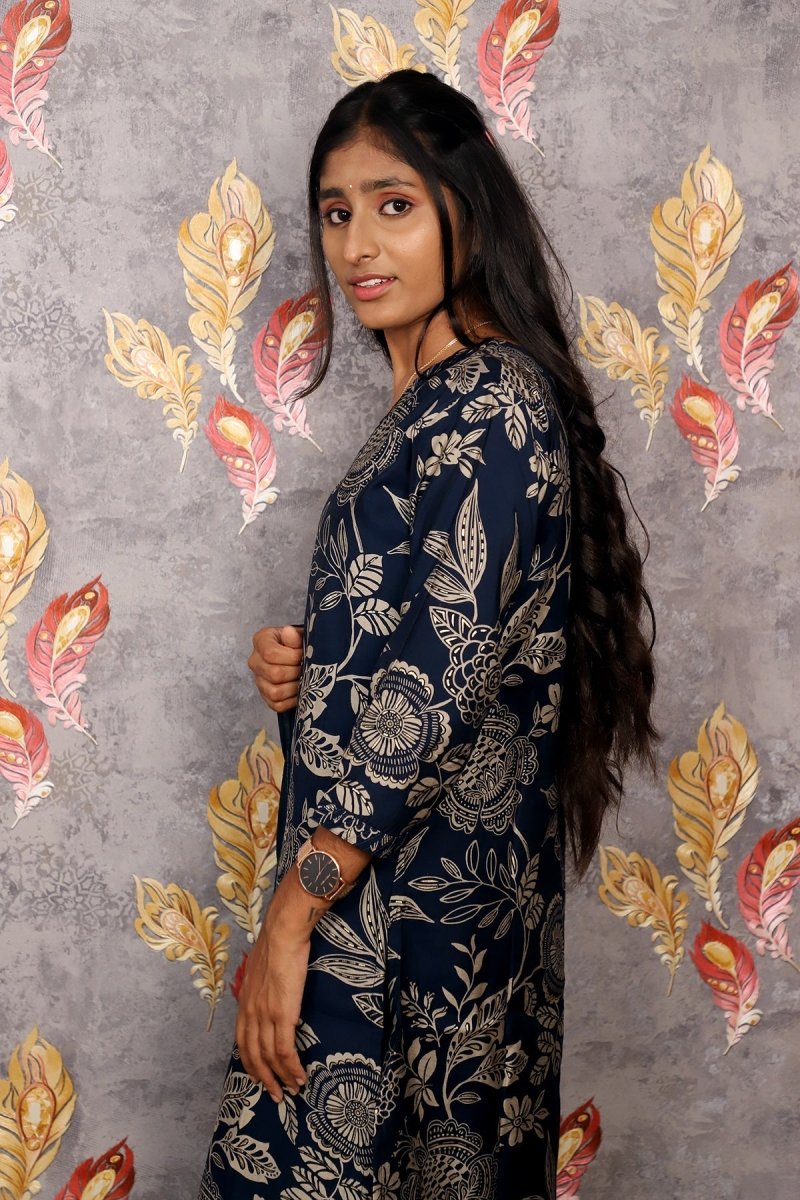 Dark Blue Kurti With Digital Floral Print For Women & Girls - Aira Fabrics Designer Studio