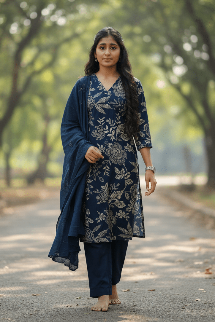 Dark Blue Kurti With Digital Floral Print For Women & Girls - Aira Fabrics Designer Studio