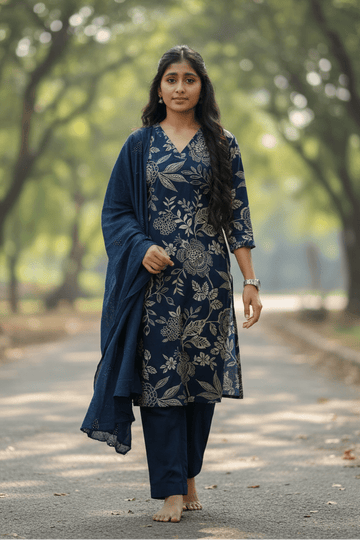 Dark Blue Kurti With Digital Floral Print For Women & Girls - Aira Fabrics Designer Studio