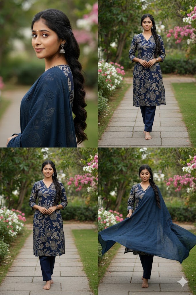 Dark Blue Kurti With Digital Floral Print For Women & Girls - Aira Fabrics Designer Studio