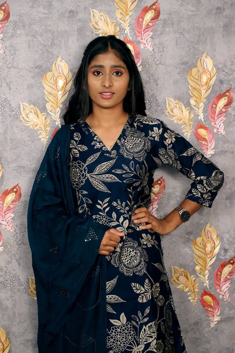 Dark Blue Kurti With Digital Floral Print For Women & Girls - Aira Fabrics Designer Studio
