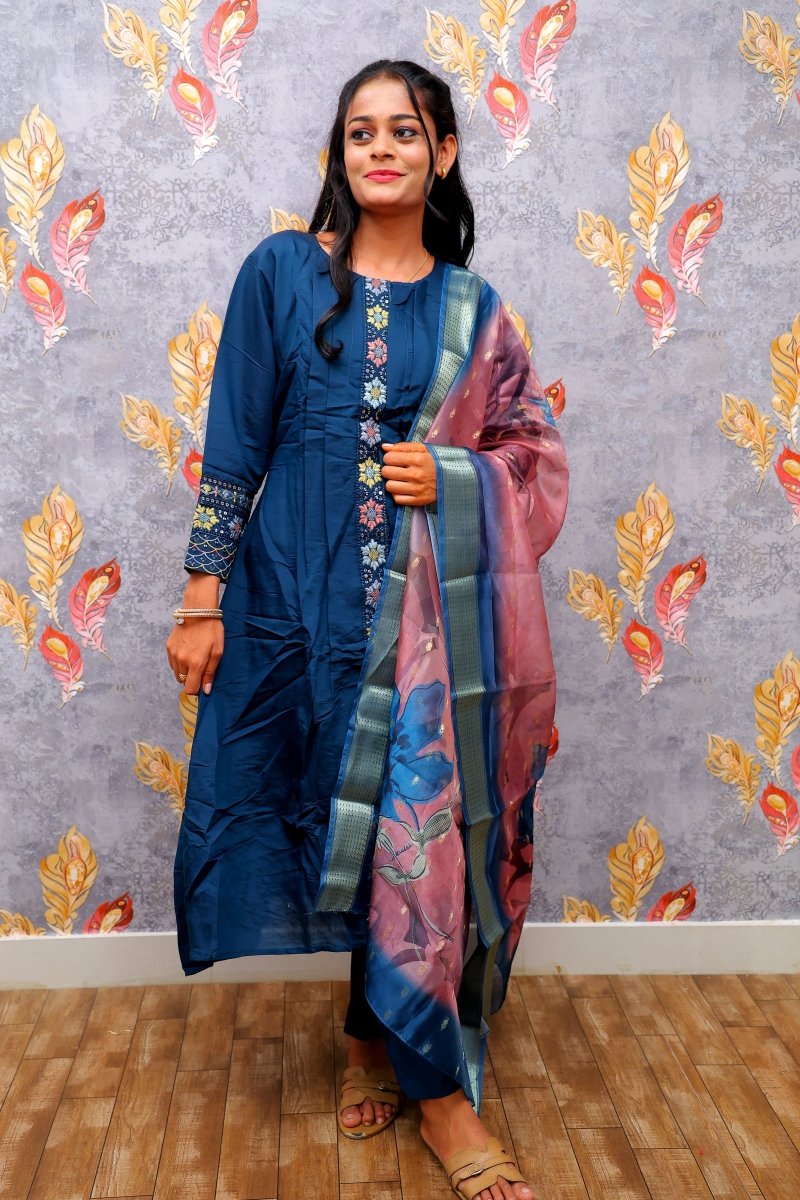 Dark Blue Kurti With Pink Color Floral Design Dupatta For Women & Girls - Aira Fabrics Designer Studio