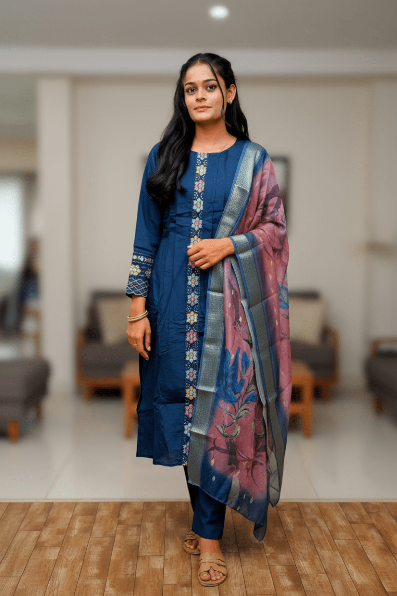 Dark Blue Kurti With Pink Color Floral Design Dupatta For Women & Girls - Aira Fabrics Designer Studio