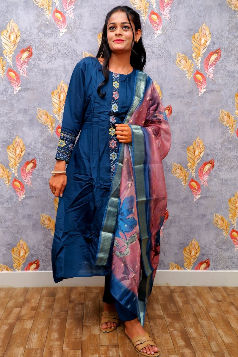Dark Blue Kurti With Pink Color Floral Design Dupatta For Women & Girls - Aira Fabrics Designer Studio
