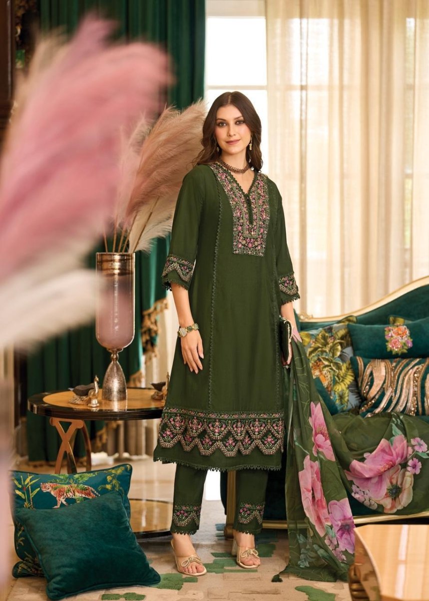 Dark Mehendi Green Roman Silk A Line Kurti With Cotton Laning For Women - Aira Fabrics Designer Studio