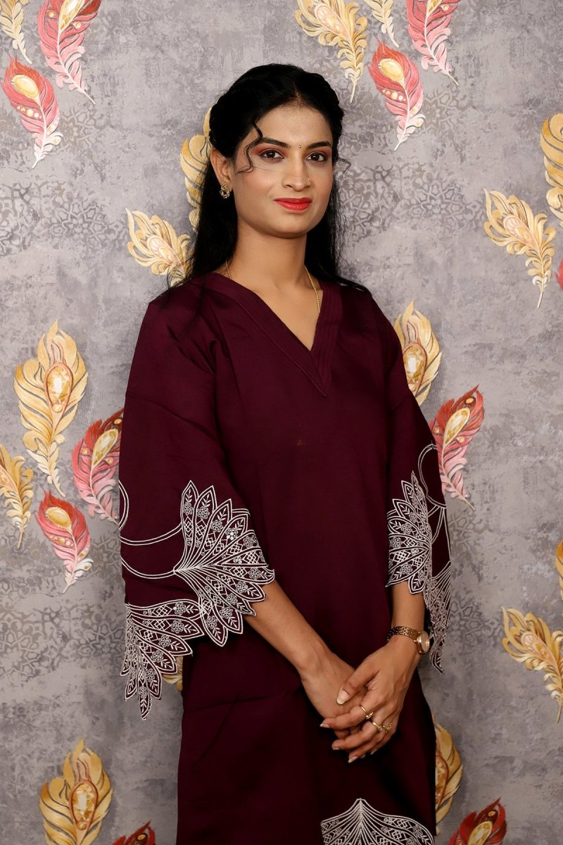 Dark Reddish Purple Kurti With Floral Design For Women & Girls - Aira Fabrics Designer Studio