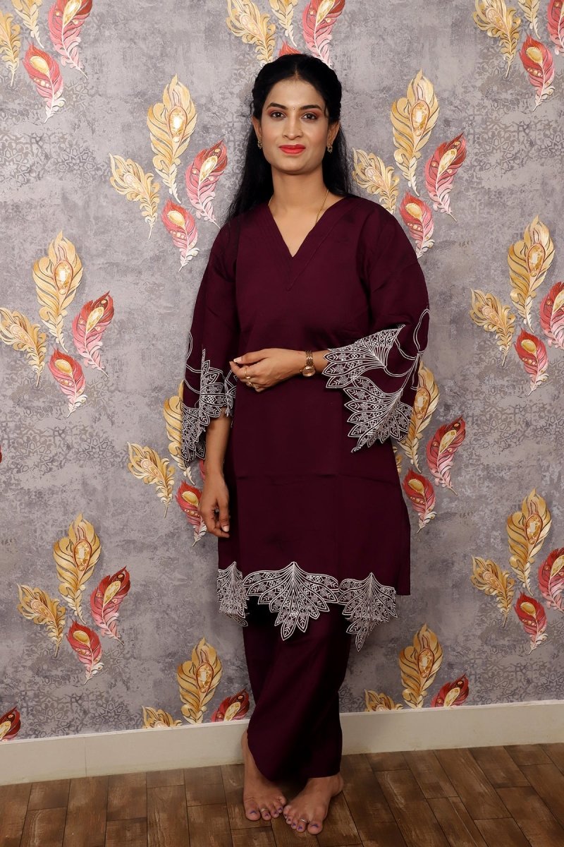 Dark Reddish Purple Kurti With Floral Design For Women & Girls - Aira Fabrics Designer Studio