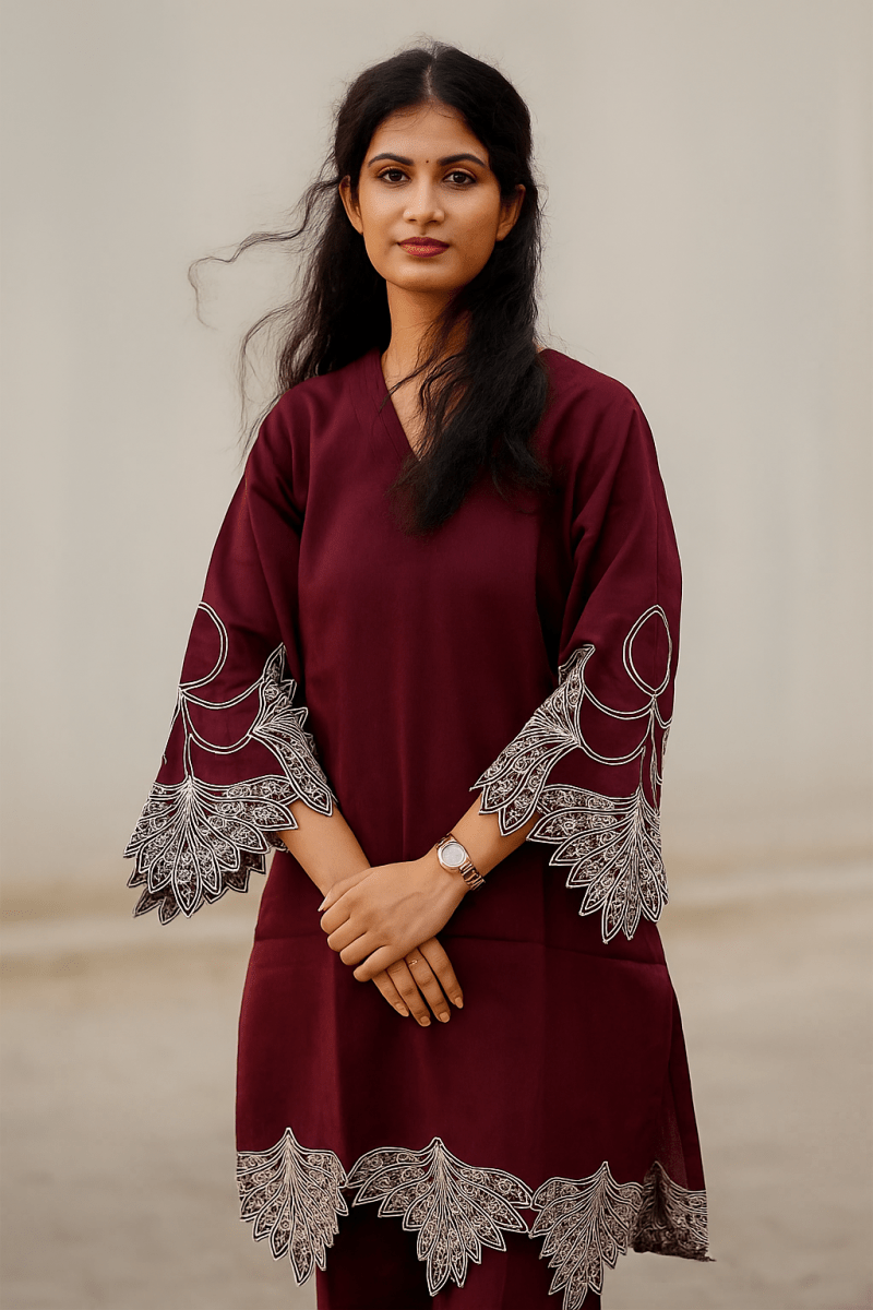 Dark Reddish Purple Kurti With Floral Design For Women & Girls - Aira Fabrics Designer Studio