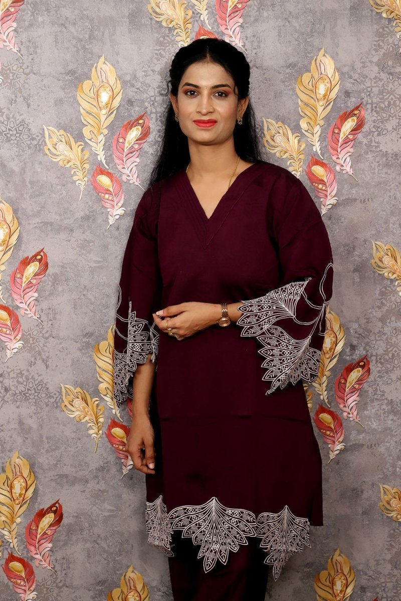 Dark Reddish Purple Kurti With Floral Design For Women & Girls - Aira Fabrics Designer Studio