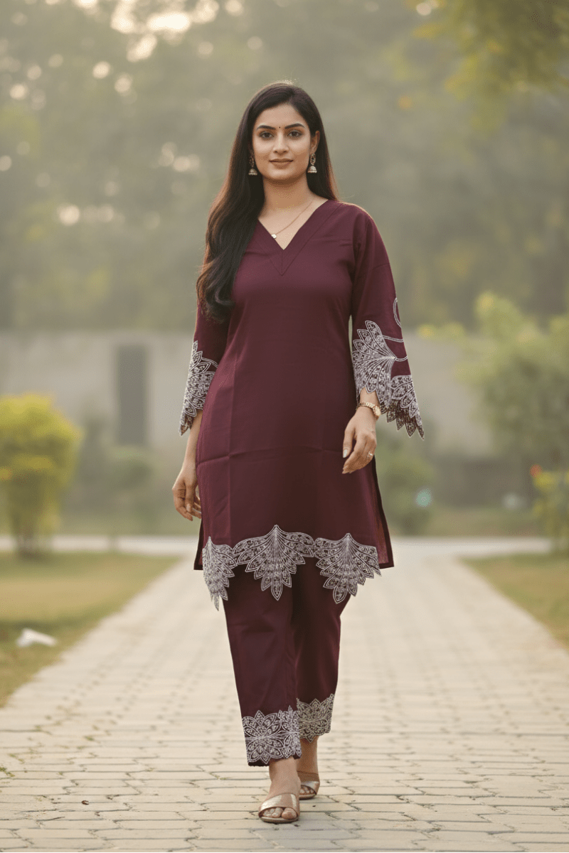Dark Reddish Purple Kurti With Floral Design For Women & Girls - Aira Fabrics Designer Studio