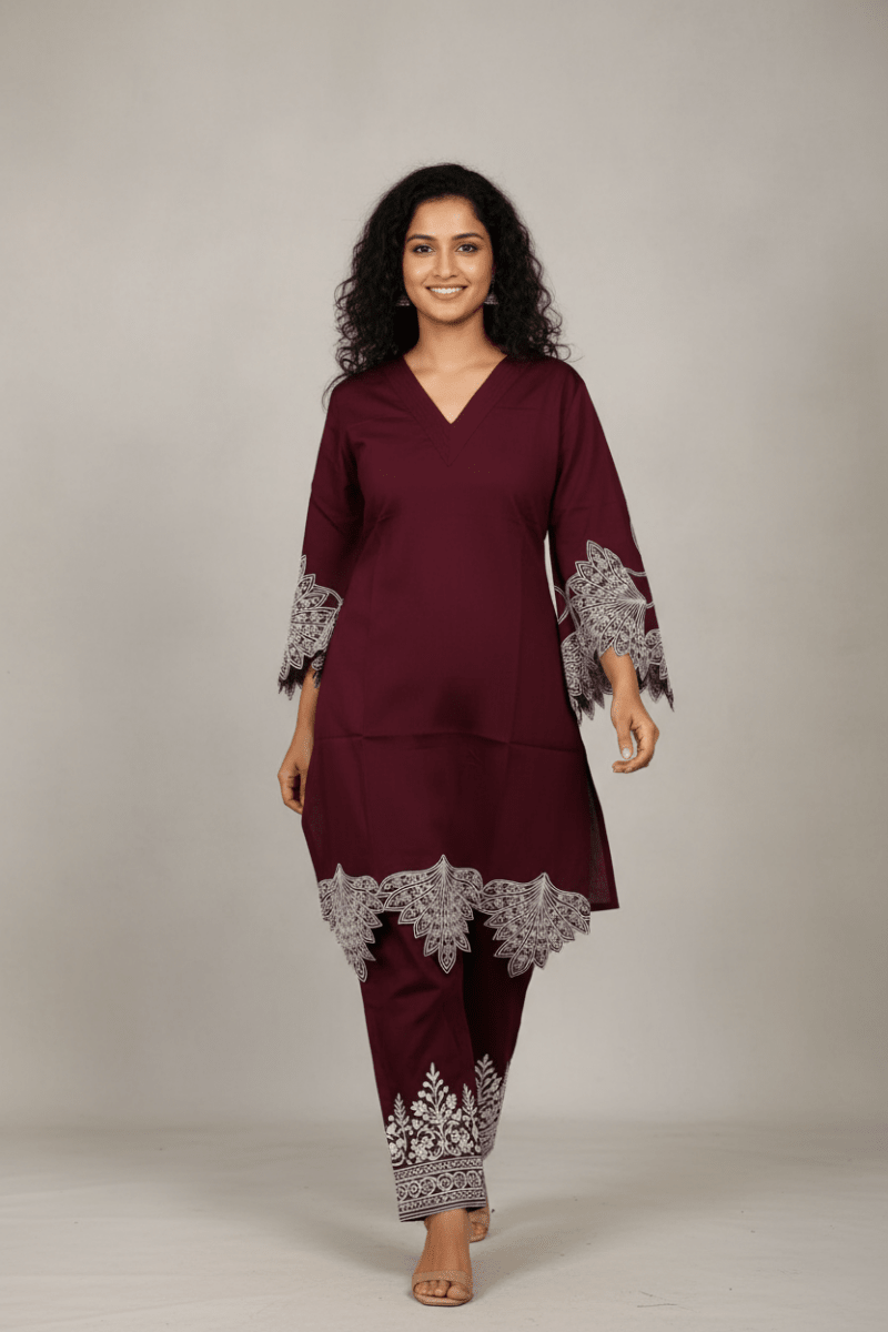 Dark Reddish Purple Kurti With Floral Design For Women & Girls - Aira Fabrics Designer Studio