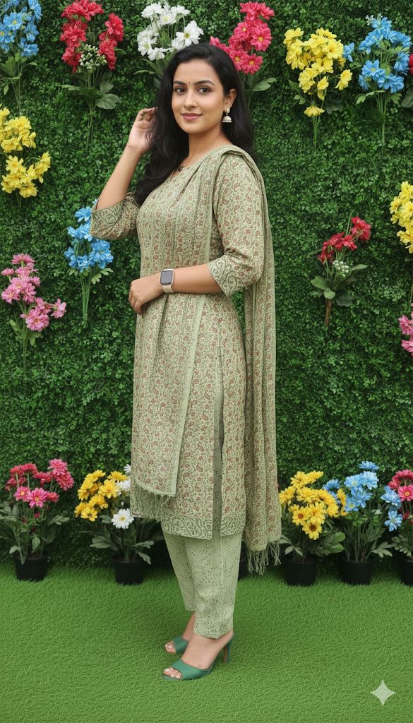 Dark Mehendi Green  Kurti With Dupatta Set of 3 Piece For Women