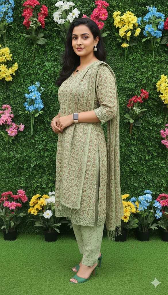 Dark Mehendi Green  Kurti With Dupatta Set of 3 Piece For Women