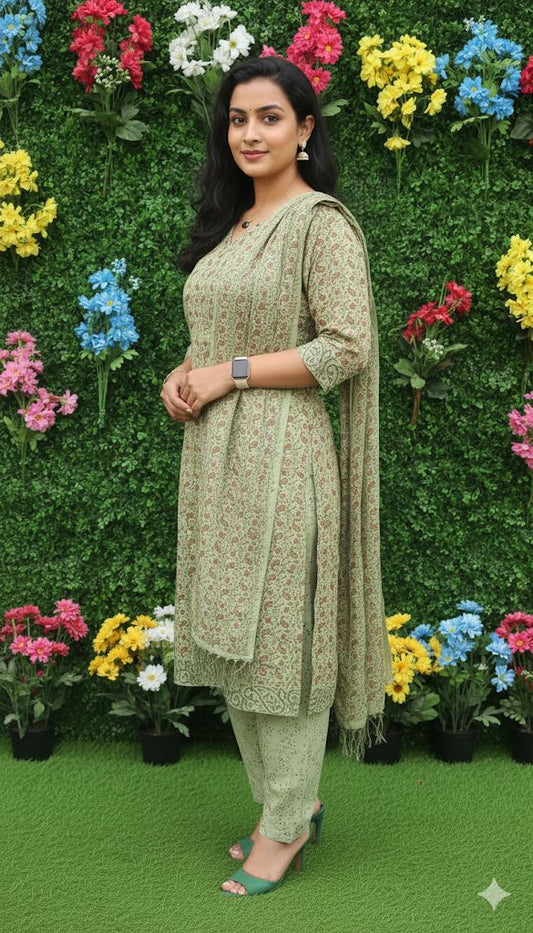 Dark Mehendi Green  Kurti With Dupatta Set of 3 Piece For Women