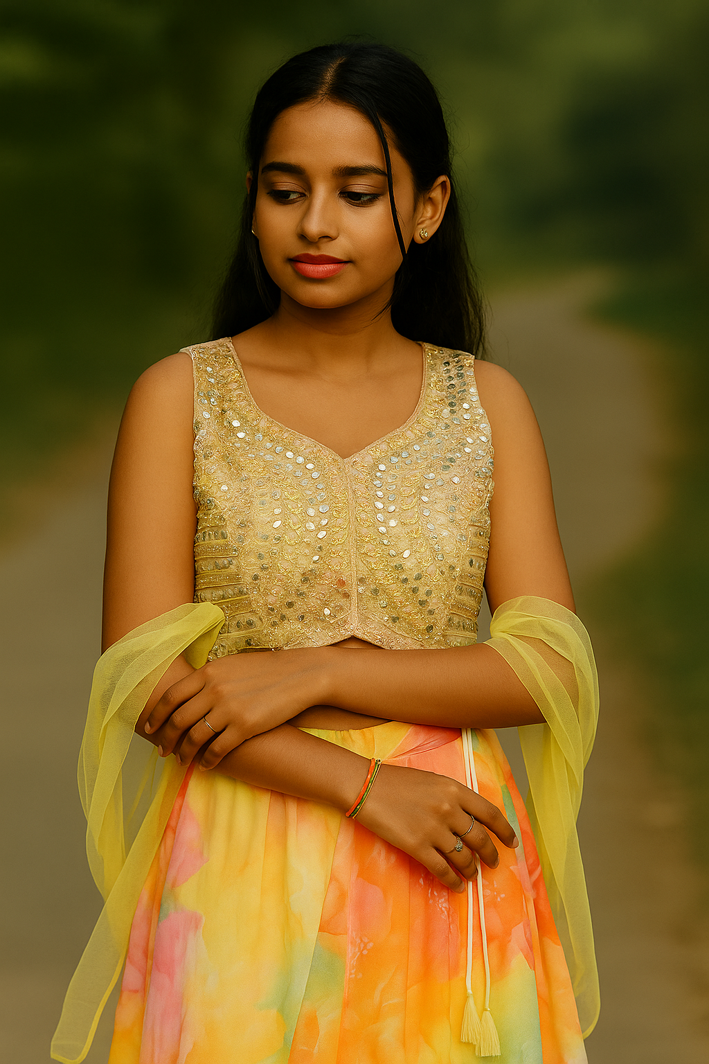 Yellow & Orange Lehenga Choli With A Net Dupatta For Women & Girls