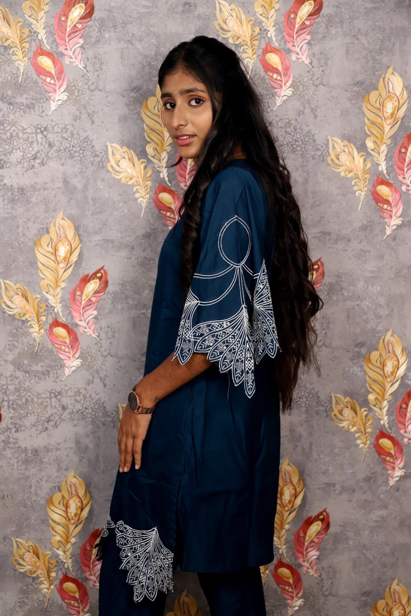 Elegant Teal Kurti With White Embroidered Accents For Women & Girls - Aira Fabrics Designer Studio
