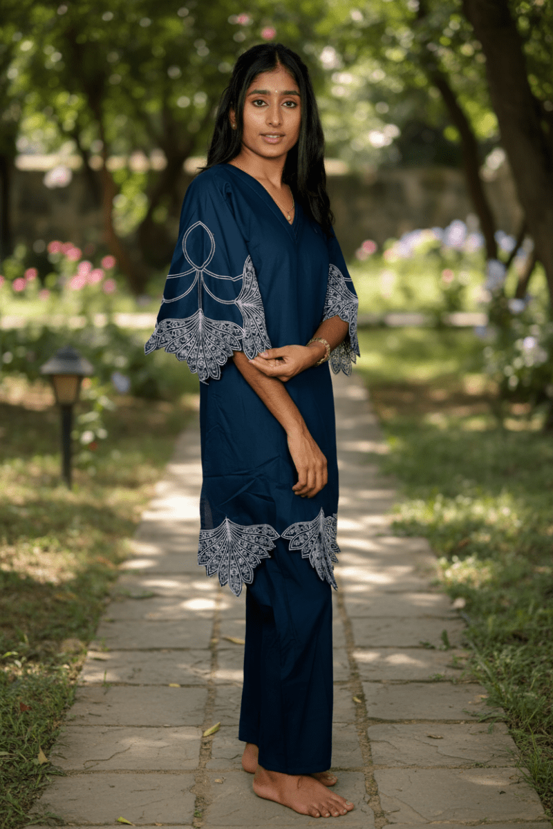 Elegant Teal Kurti With White Embroidered Accents For Women & Girls - Aira Fabrics Designer Studio
