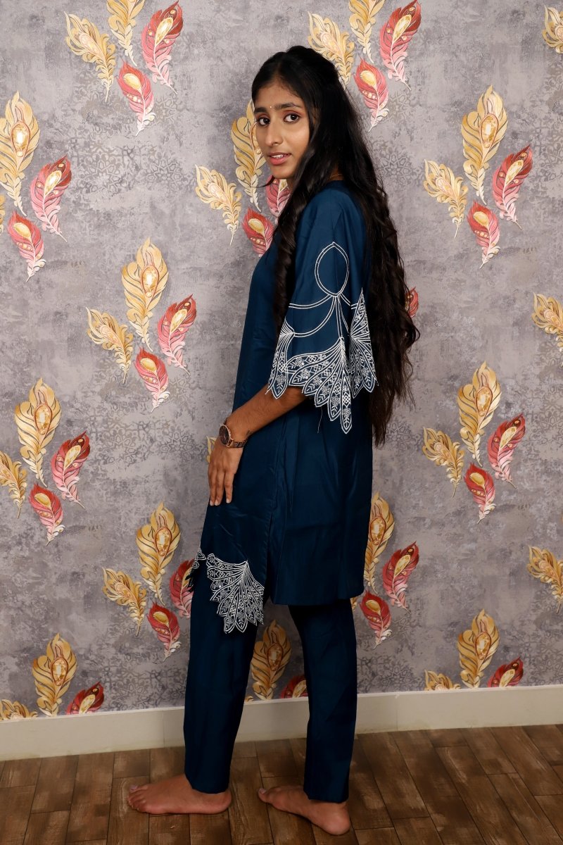 Elegant Teal Kurti With White Embroidered Accents For Women & Girls - Aira Fabrics Designer Studio