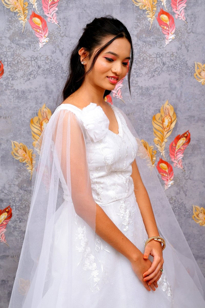 Elegant White Formal Gown With Minimalist Grace For Women & Girls - Aira Fabrics Designer Studio