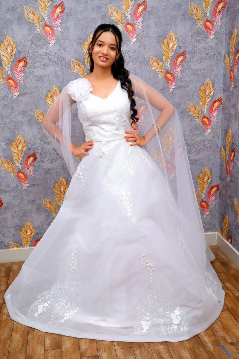 Elegant White Formal Gown With Minimalist Grace For Women & Girls - Aira Fabrics Designer Studio