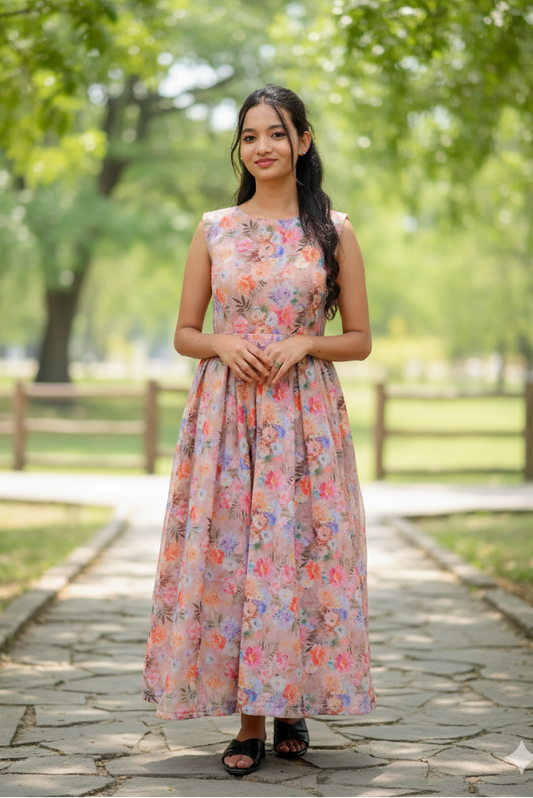 Beige Floral Pattern Frock For Women & Girls