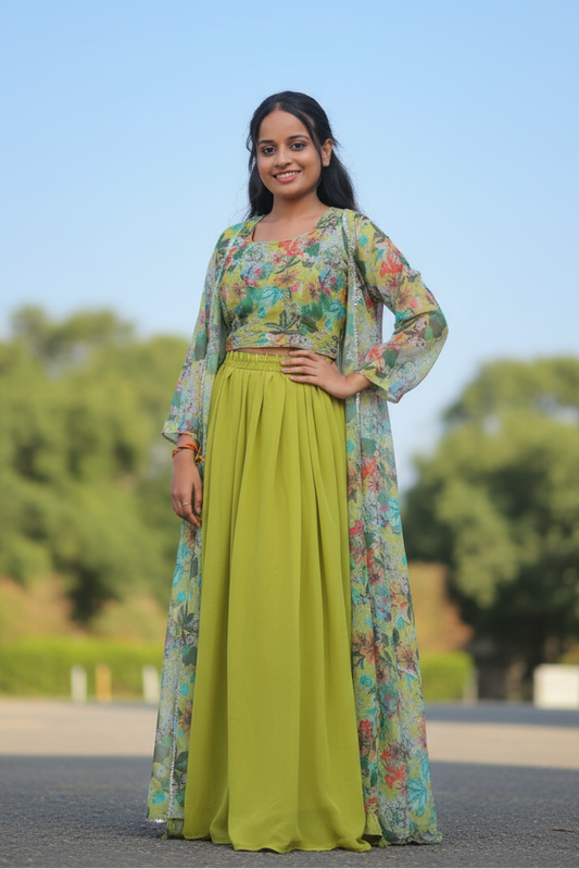 Multicolor Floral Top Lehenga With Sheer Sleeves For Women & Girls