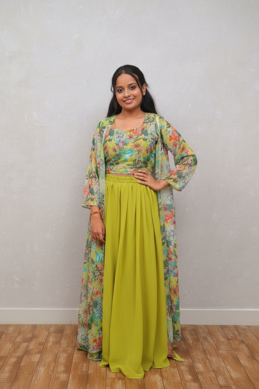 Multicolor Floral Top Lehenga With Sheer Sleeves For Women & Girls