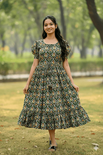 Gold Green Base Frock With Diamond Grid And Floral Motif Print For Women & Girls - Aira Fabrics Designer Studio