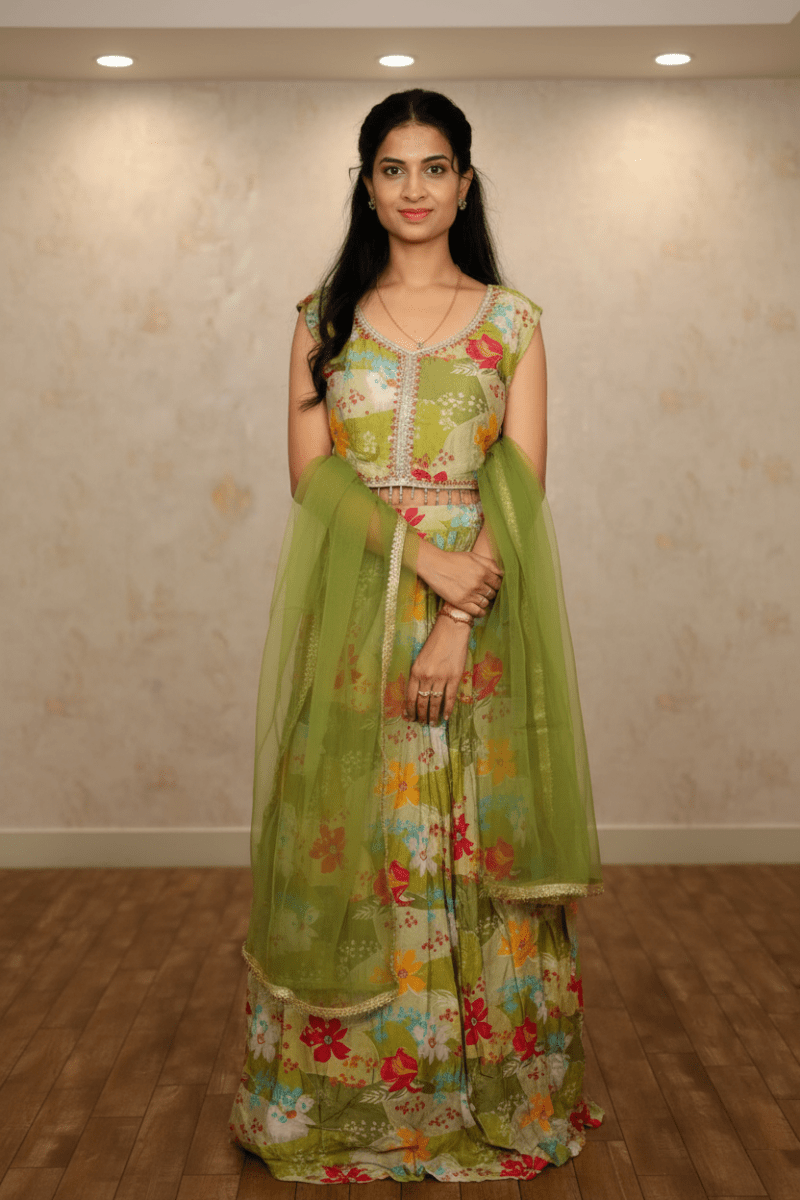 Green Floral Print Lehenga Choli With Net Dupatta For Women & Girls - Aira Fabrics Designer Studio