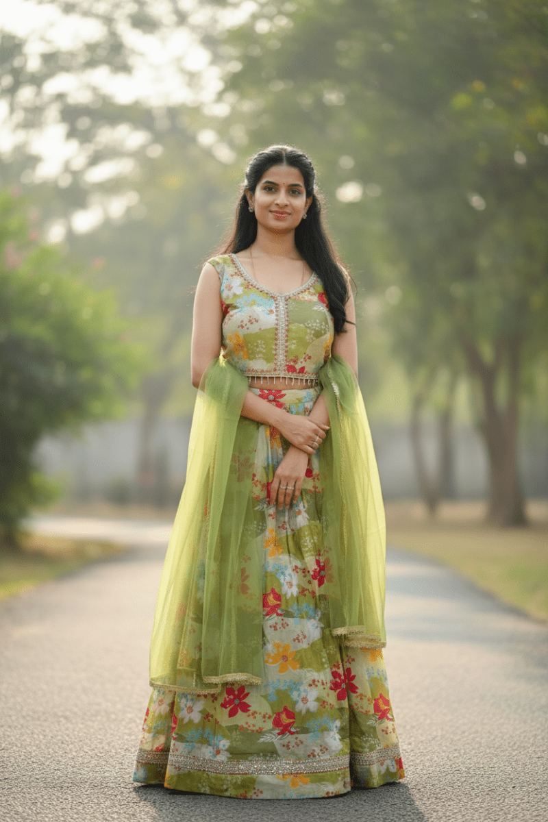 Green Floral Print Lehenga Choli With Net Dupatta For Women & Girls - Aira Fabrics Designer Studio