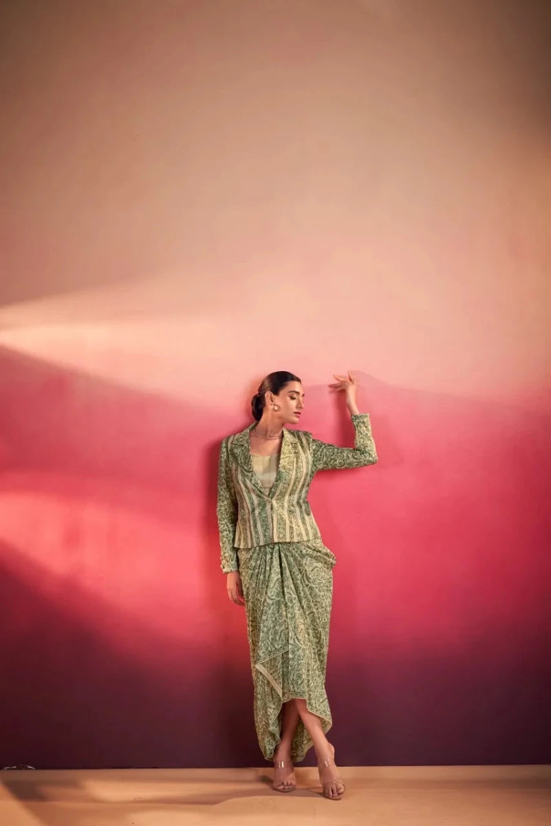 Green Paisley Print Blazer with Draped Skirt Indo-Western Set for Women - Aira Fabrics Designer Studio